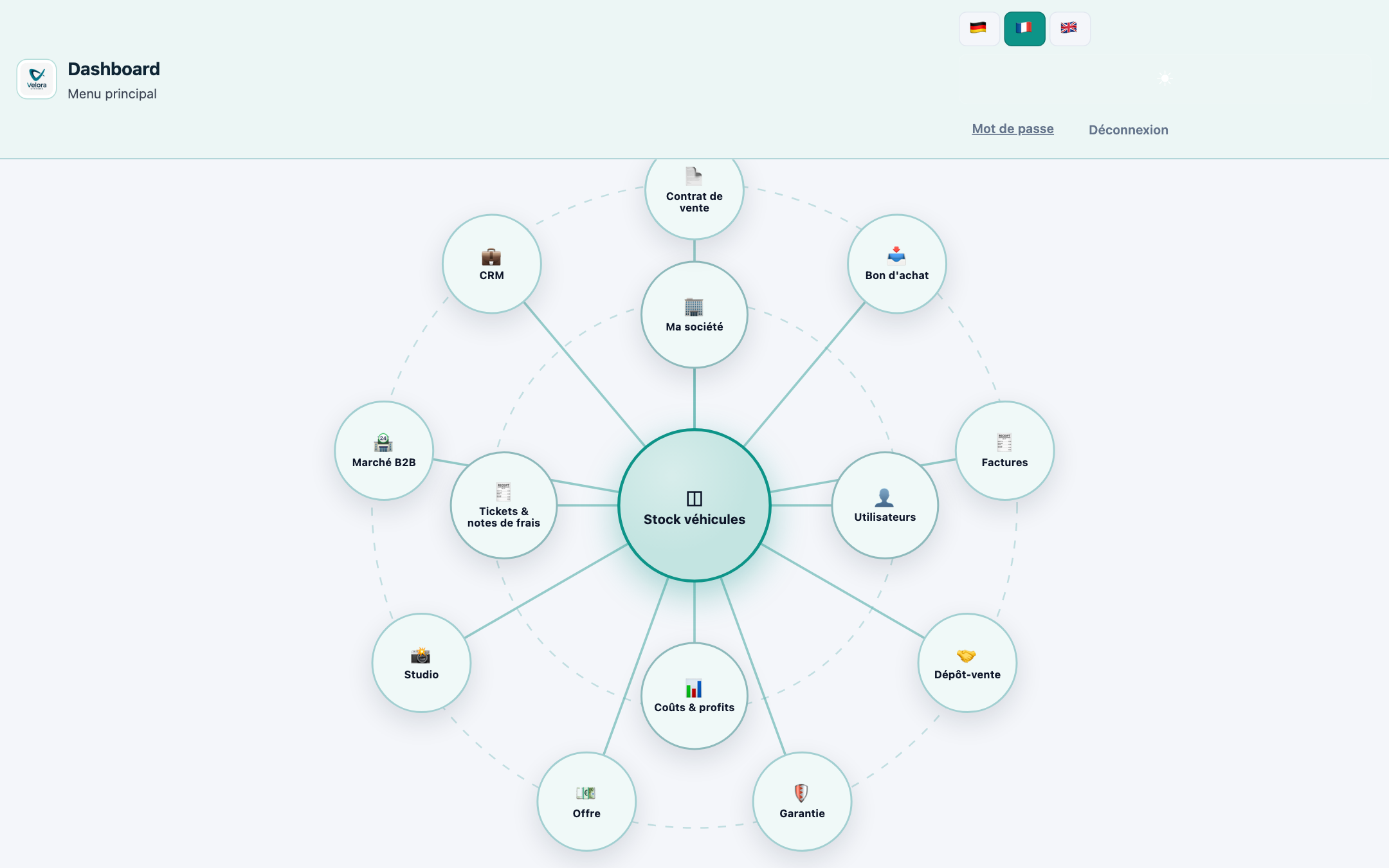 Velora — menu principal
